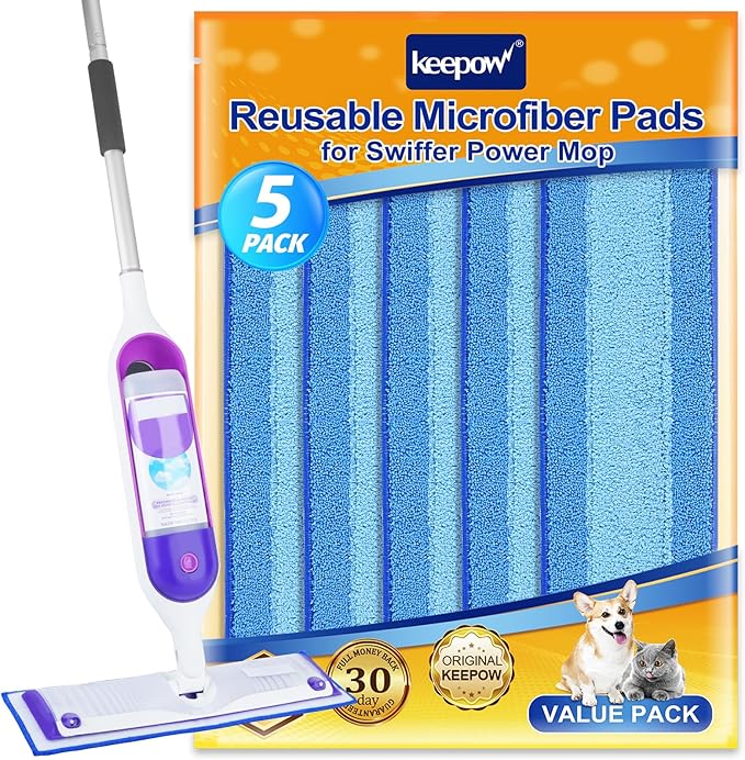Reusable Mop Pads for Swiffer PowerMop, 5 Pack Microfiber Mop Pad Refills with Scrubber Strips for 13''-15'' Spray Mop, Washable Mop Pads Use for Most Floor Types, Mop Pads Replacement for Dry Wet Mop