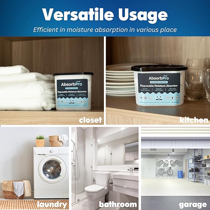 Moisture Absorber Tub with Activated Charcoal - 3-Pack - 18 oz Disposable Odor Eliminator Box & Dehumidifier for Garage, Home, Kitchen, Bedroom, Bathroom, Closet, Cars, and Boats