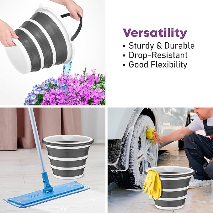 Superio Collapsible Bucket 2 Gallon Bucket with Handle Grey Car Wash Bucket Small Foldable Silicone Pail for Camping, Fishing, Cleaning, Mopping, 10 Liter, 2