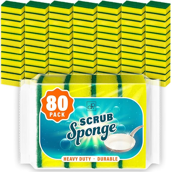 DecorRack 80 Count Non-Scratch Cleaning Scrub Sponges, Dual-Sided Heavy Duty Kitchen Sponges for Dishes, Cleaning Household, Bathroom, Car Wash - Yellow (Pack of 80)