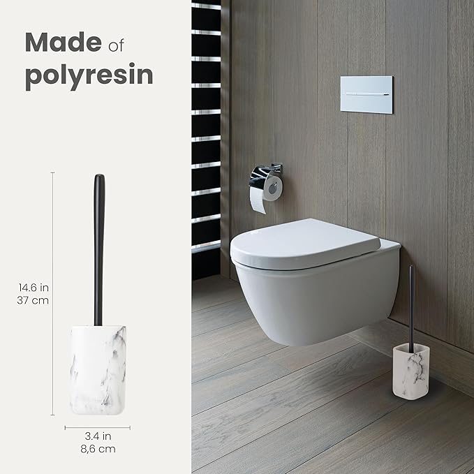 Vigar Zense Toilet Brush and Holder Set, Toilet Bowl Brush with Polyresin Stone Holder, Bathroom Sets for Bathroom Decor and Accessories, White Marble