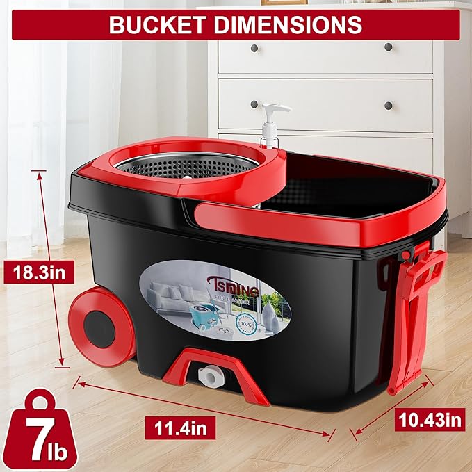 FunClean Spin Mop and Bucket,Mop and Bucket with Wringer Set for Home,360 Spinning Mopping Floor Cleaning Tool with 4 Microfiber Replacement Head Refills,61" Extended Handle, 2X Wheel - Black