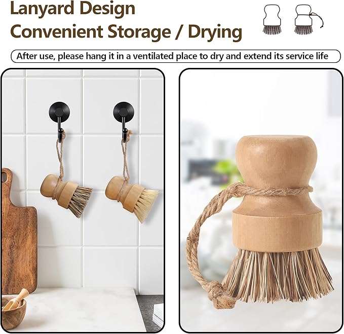 Wooden Dish Scrub - Natural Fiber Scrubber for Handle Kitchen Food & Dishes and Vegetable - 3 Pack