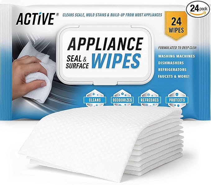 ACTIVE Home Appliance Surface Cleaner Wipes Heavy Duty Wipe for Cleaning Washing Machine, Dryer Stainless Steel Refrigerator, Glass Cooktop, Microwave, Dishwasher, Counter, Tile - 24 Large Wipes