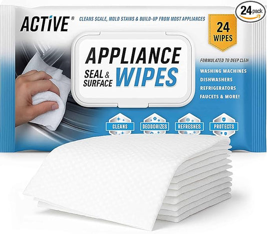 ACTIVE Home Appliance Surface Cleaner Wipes Heavy Duty Wipe for Cleaning Washing Machine, Dryer Stainless Steel Refrigerator, Glass Cooktop, Microwave, Dishwasher, Counter, Tile - 24 Large Wipes