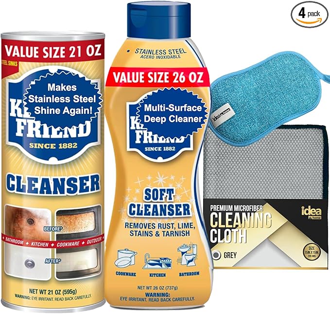 Idea Home ULTIMATE CLEANING KIT | Soft Cleanser 26 oz + Cleanser & Polish Powder 21 oz + Microfiber Cleaning Cloth + Multi-Purpose Non-Scratch Microfiber Sponge