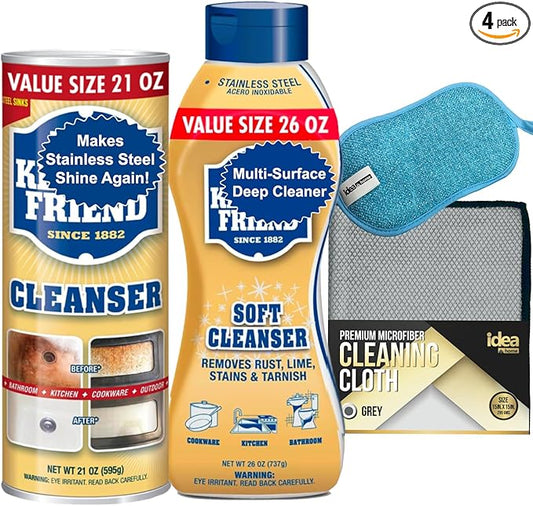 Idea Home ULTIMATE CLEANING KIT | Soft Cleanser 26 oz + Cleanser & Polish Powder 21 oz + Microfiber Cleaning Cloth + Multi-Purpose Non-Scratch Microfiber Sponge