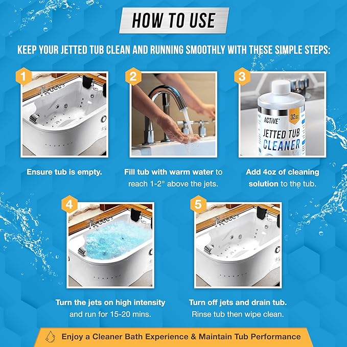 ACTIVE Jetted Tub Cleaner Bathtub Cleaning - 32oz (8 Uses) Bath Jet Cleaner For Whirlpool & Spa Bath System, Compatible with Jacuzzi Jets, Whirl Tubs, Professional Septic Safe Solution - Made in USA
