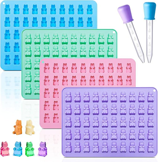 Gummy Bear Silicone Molds 4 PCS, KKDINDAN Mini Size Chocolate Gummy Molds with 2 Droppers, BPA Free Food Grade Platinum Silicone Molds, Nonstick Candy Molds