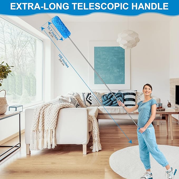 JEHONN Duster with Extension Pole 100 inches for Cleaning High Ceiling Fan, Extendable Long Handle Microfiber Feather Dust Remover, Telescoping Dusting Tool for AC Vent Cobweb House Exterior Interior
