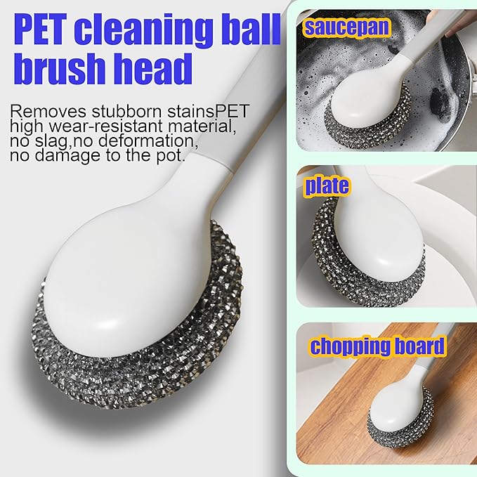 Dish Brush with Handle,4-Pieces Dish Brush Set with Holder,Replaceable Brush Heads Long Handle Kitchen Scrubber,for Pots,Sink,Pans &Bottles.Gray