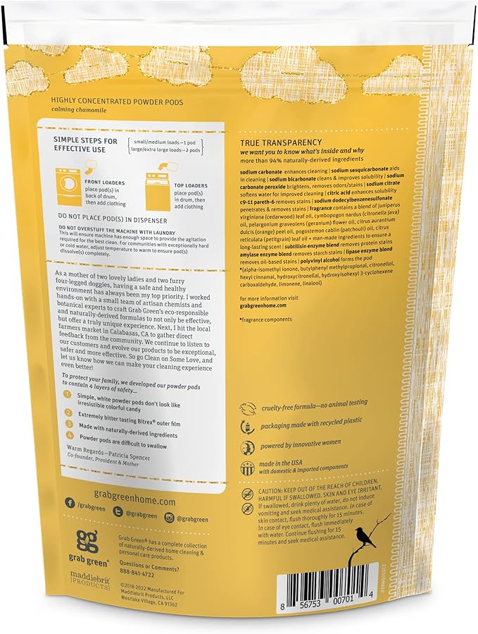 Grab Green Newborn Baby Laundry Detergent Pods, 60 Loads, Chamomile, Mineral Based, Non-Toxic, Stain Remover