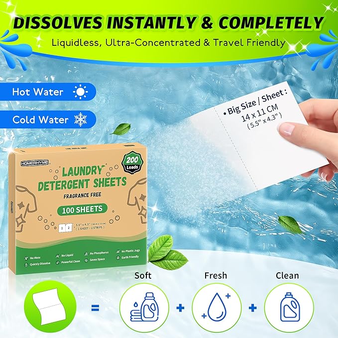 HOMERHYME Laundry Detergent Sheets - 200 Loads Unscented Travel Laundry Detergent, Eco Friendly & Hypoallergenic Cloth Washing Detergent Soap Sheets, Suitable for Sensitive Skin
