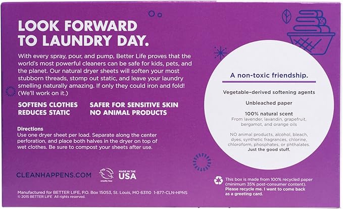 Better Life Dryer Sheets, Fabric Softener Sheets for Fresh Laundry, Lavender Grapefruit, 80 Count