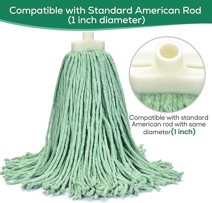Matthew Cleaning Screw-on Heavy Duty Cotton Wet Mop Replacement Heads(Green, Medium,6 Pack) with 2 Pack Microfiber Cloth for Residential & Commercial Floor Cleaning Use- Fit Standard American Screw