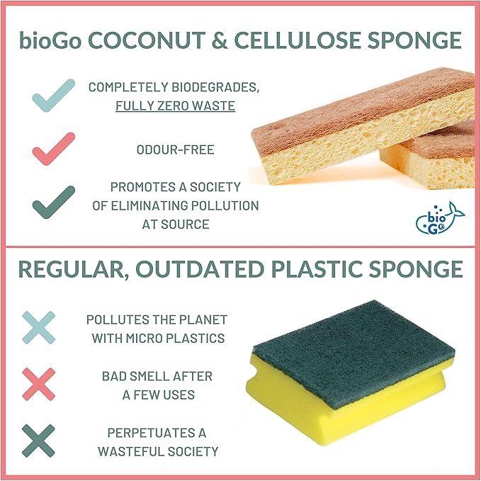 bioGo 24 Pack Biodegradable Kitchen Sponges - Eco-Friendly, Compostable, Natural Cellulose Dish Sponge - Biodegradable - Kitchen