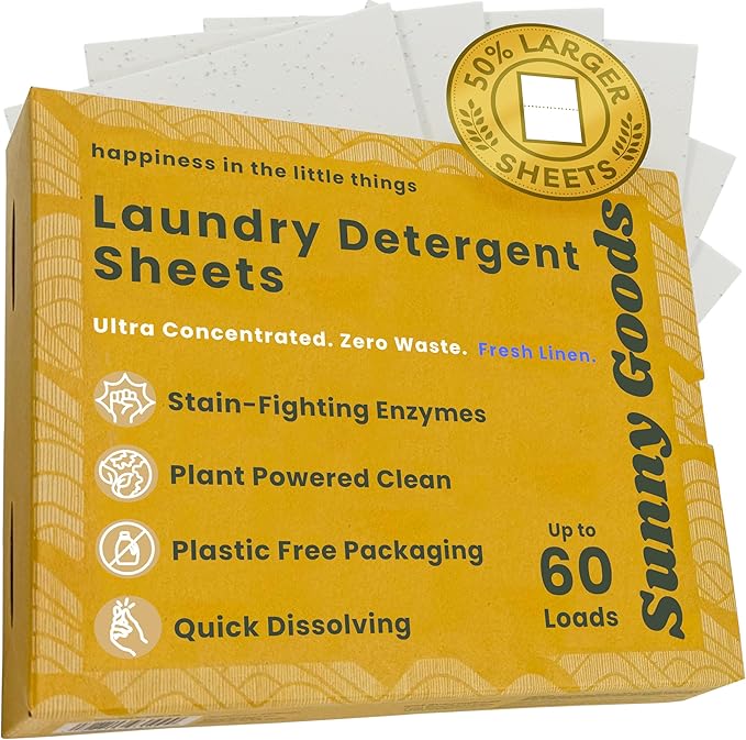 Laundry Detergent Sheets with Plant Powered Stain-Fighting Enzymes - 60 Loads - Concentrated Liquidless Laundry Soap Sheets - Home and Travel Laundry Detergent - Fresh Linen