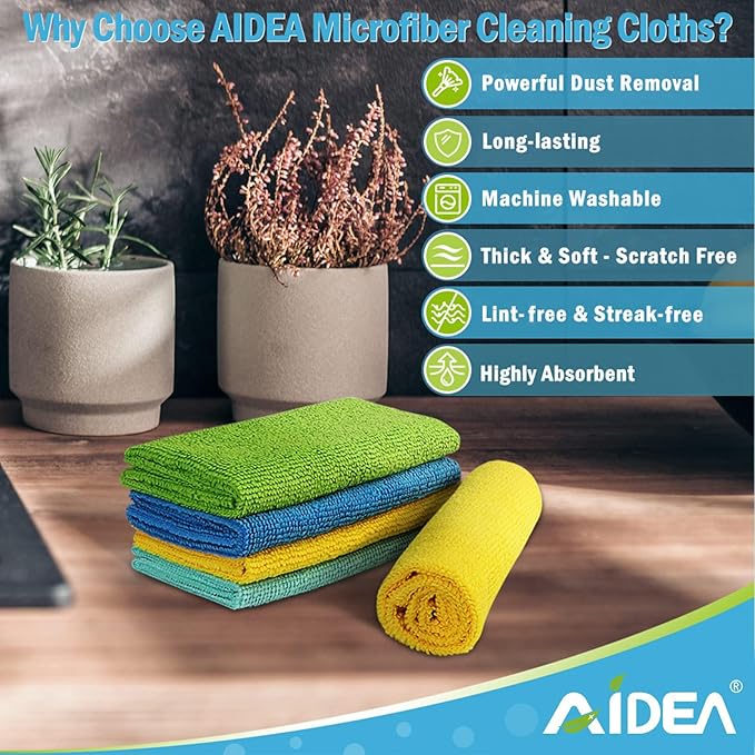 AIDEA Microfiber Cleaning Cloth, 50PK, Microfiber Towels for Cars, All Purpose Cleaning Rags for House, Dusting Cloth for Kitchen, Car, Window, 12"×12"