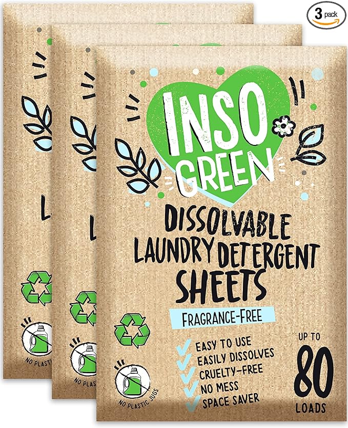 Eco Laundry Sheets Detergent - Unscented 3Pack 240Loads - Zero Plastic Packaging - Travel Laundry Detergent - 120 Sheets