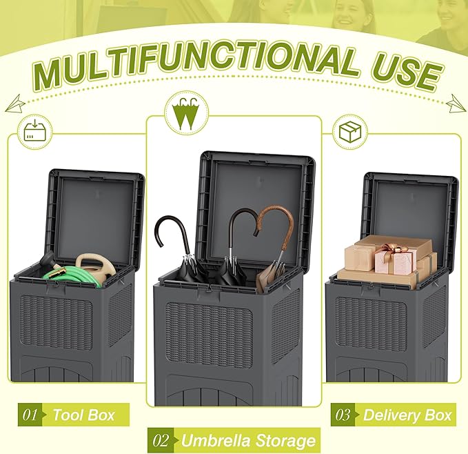 Greesum 33 Gallon Outdoor Trash Can with Lid, Waterproof Resin Garbage Bin for Hideaway, Deck, Patio, 3 Pack, Gray