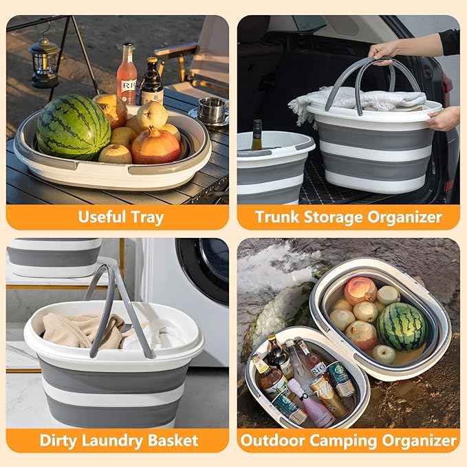 Large Collapsible Bucket 16L Two-Pack - Upgraded, Lightweight & Portable Water Bucket for House Cleaning, Camping, Storage - Space-Saving & Multiuse Cleaning Mop Bucket - Grey (2 Pack)