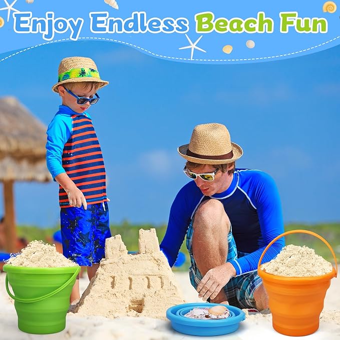 Foldable Beach Sand Toy Bucket for Kids Adults, Jumbo Collapsible Sandbox Bucket, Foldable Pail with Mesh Bag, Multi Use for Garden Beach, Camping, Easter Basket Gift, Fishing, Travelling 3PCS