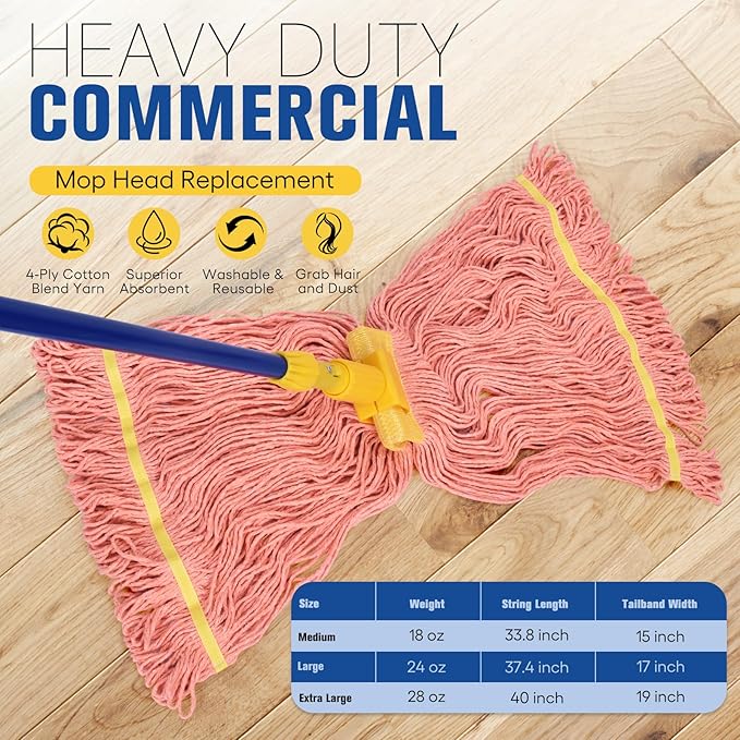 Matthew Cleaning Commercial Mop Head Replacement, 5 Inch Wide Headband, Looped End Cotton Blend String Wet Mops for Floor Cleaning, 24 oz Large, 1-Pack Orange