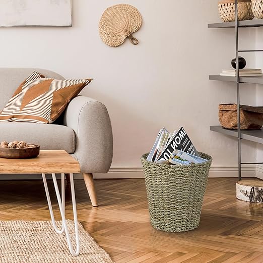 Boho Wicker Trash Can with Lid,Waterproof Bathroom Trash Can Hand Woven Wicker Waste Baskets for Kitchen Office Bedroom