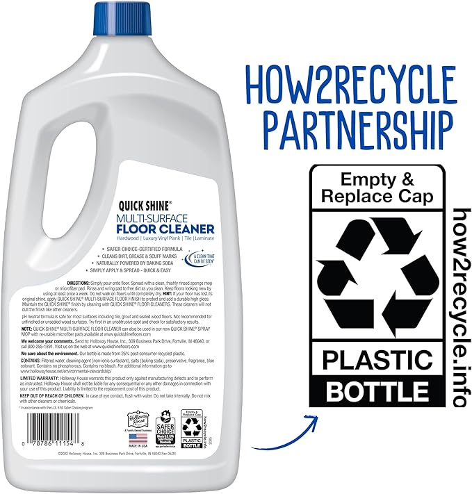 Quick Shine Multi Surface Floor Cleaner 64oz, 4Pk | Ready to Use-Streak Free- No Rinse | Use on Hardwood, Laminate, Luxury Vinyl Plank & Stone | Use in Spray Mops & Vac Mops | Safer Choice Cleaner