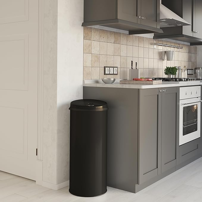 iTouchless 50 Liter / 13 Gallon Sensor Kitchen Trash Can with Odor Filter – Slim Round Black Stainless Steel Automatic Garbage Recycling Bin for Home, Office, Business, Garage