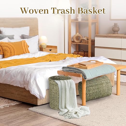 Boho Wicker Trash Can with Lid,Waterproof Bathroom Trash Can Hand Woven Wicker Waste Baskets for Kitchen Office Bedroom