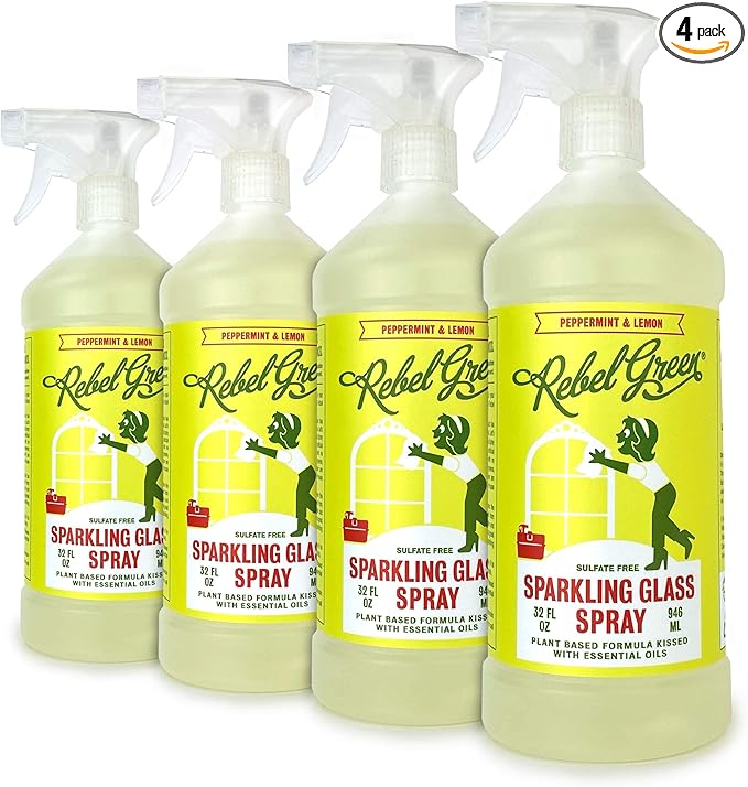 Rebel Green Sparkling Glass Cleaner - Streak Free Glass Cleaner Spray - Natural Glass & Surface Spray for Windows, Mirrors, & More - Scented with Peppermint & Lemon - (32 Ounce Bottles, 4 Pack)
