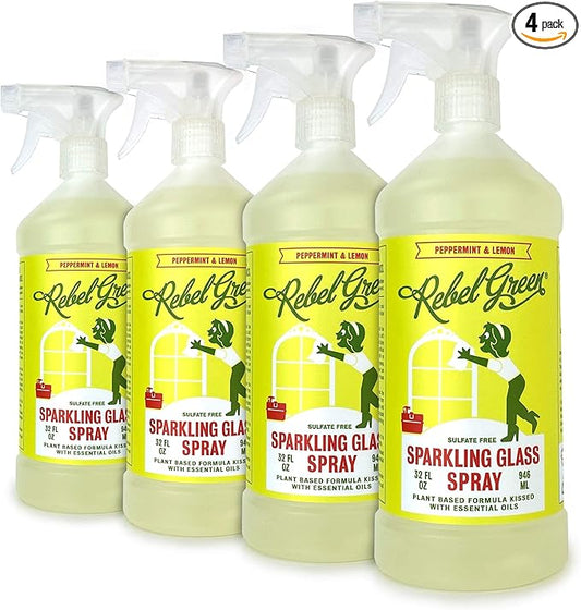 Rebel Green Sparkling Glass Cleaner - Streak Free Glass Cleaner Spray - Natural Glass & Surface Spray for Windows, Mirrors, & More - Scented with Peppermint & Lemon - (32 Ounce Bottles, 4 Pack)