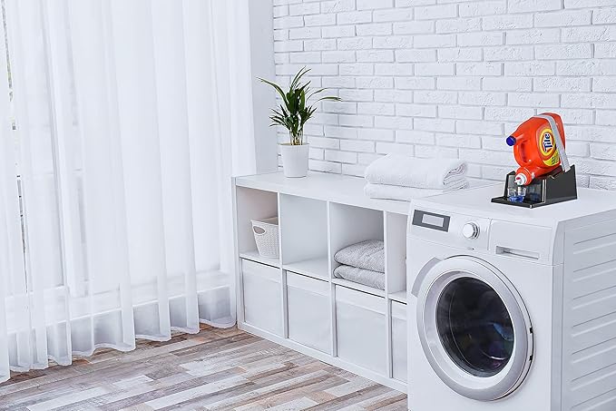 TidyFriend 2 Pack Liquid Laundry Detergent Holder Stand with Drip Tray & Rubber-Grip Feet, Stand for Laundry Room Organization and Storage, Fabric Softener Dispenser with Cup Holder (Black)