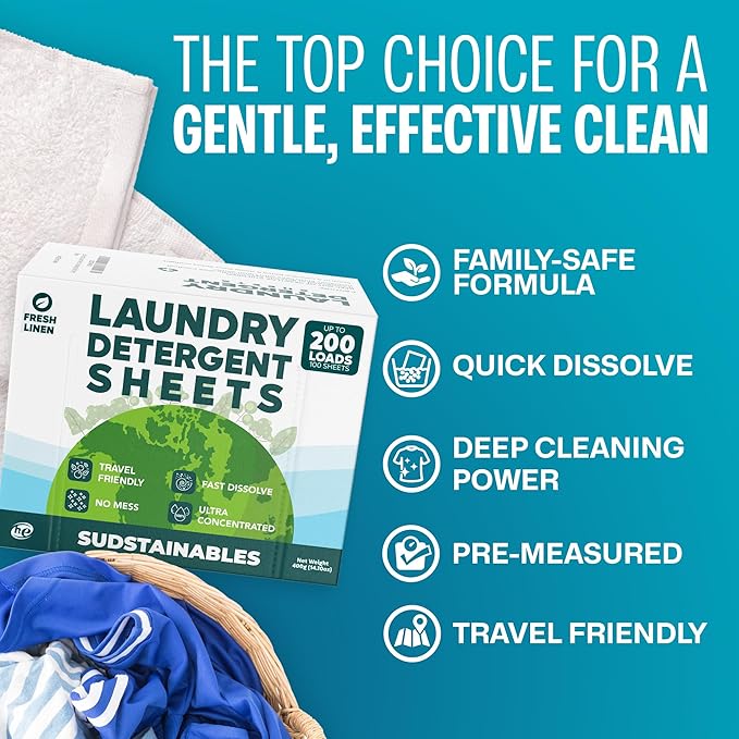 Sudstainables Laundry Detergent Sheets 200 Loads – Dissolvable Laundry Sheet for Washing Machines, Compact Alternative to Liquid & Powder Detergent, Travel-Friendly Soap | Fresh Linen