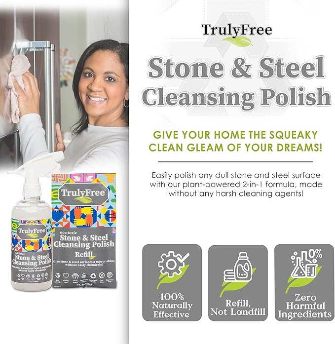 Truly Free Stone & Steel Cleansing Polish Starter Kit - Quartz, Marble, Granite, Stone Countertop, Oven, Stainless Steel Cleaner - 16oz Spray Bottle, 2 Refills (4oz) No Harmful Ingredients