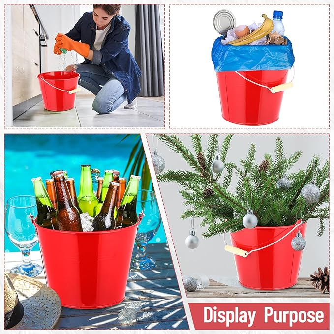 Zopeal 6 Pcs Large Metal Bucket Beer Bucket Galvanized Steel Pail with Handle for Gifts Basket Ice Candy Party(9 x 7 x 7 Inch,Red)
