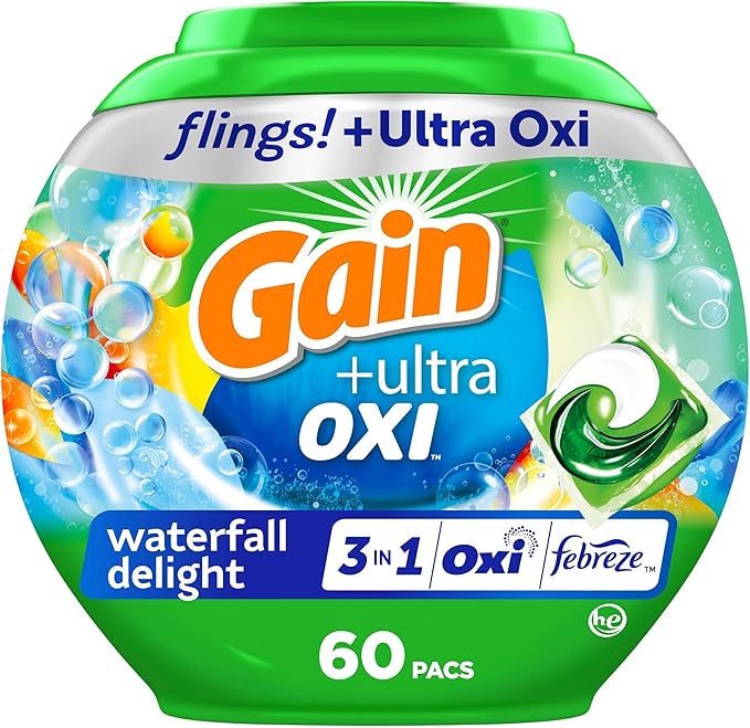 Gain flings Ultra Oxi Laundry Detergent Pacs, 60 Count, Waterfall Delight Scent, 3-in-1, HE Compatible