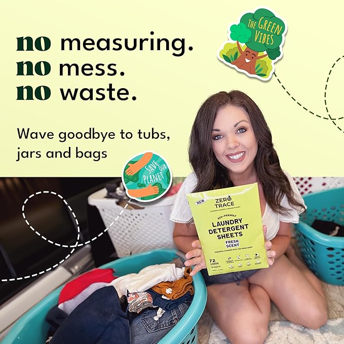 Zero Trace All Natural Laundry Detergent Sheets Eco Friendly - Laundry Soap - Travel Laundry Detergent with Fresh Scent (72 Loads 36 Sheets)