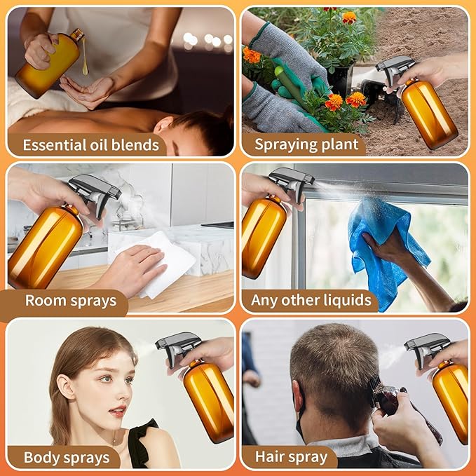 Vitreaux 2 Pack Amber Glass Spray Bottles,16oz Glass Spray Bottles Refillable Empty Containers with Adjustable Nozzle,Spray Bottle for Cleaning,Pets, Aromatherapy,Hair Mister,Squirt and Mist Setting