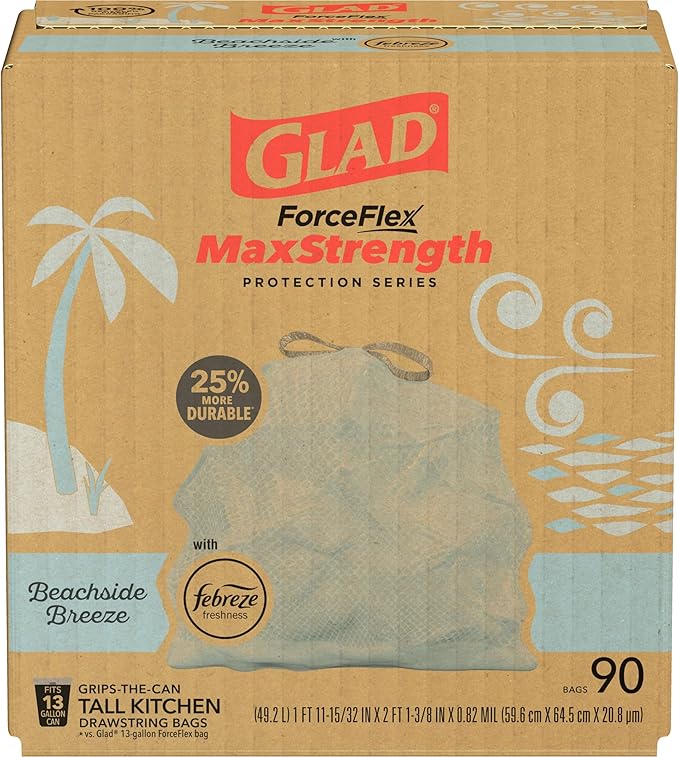 Glad Tall Kitchen Trash Bags 13 Gallon, MaxStrength Beachside Breeze Garbage Bags, Drawstring, 90 Count