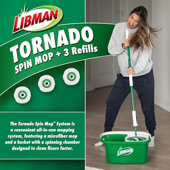 Libman Tornado Spin Mop System with 3 Refill Heads, Microfiber Spinning Mop and Bucket with Wringer Set for Home, Floor Cleaning of Hard-Wood, Laminate, Tile, All Surface Cleaner, 4 Total Mop Heads
