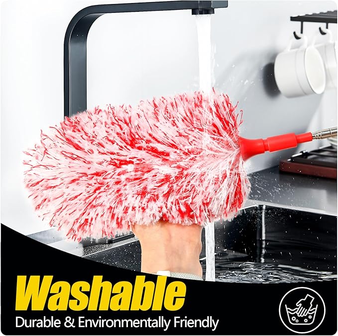 Extendable 20-49inches Microfiber Feather Duster with 3pcs Replaceable Bendable Heads, Extra Long Duster for Cleaning, Electrostatic Dust Remove for Ceiling, Fan, Window, Bookshelves (Red)