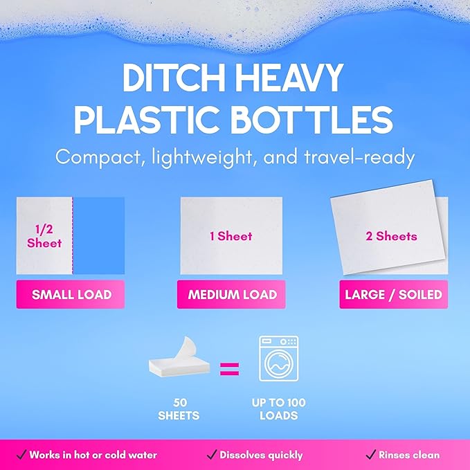 Laundry Detergent Sheets,Travel Laundry Sheet No Chemical Natural Eco Friendly Detergent, Dissolvable for sink wash Fresh &Clean Clothes, Liquidless Laundry Soap Up to 100 Loads By Blue Bubble