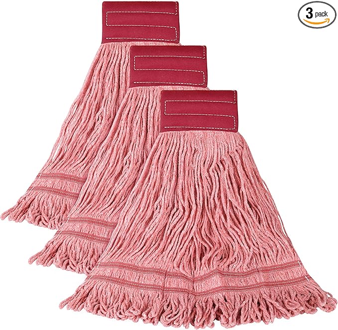 ONESIMUS 30 oz Pack of 3 Cleaning Heavy Duty Industrial Commercial Grade Looped-End Mop Head Replacement,6'' Headband Cotton String Wet Mop Head Refills,Machine Washable Red Mop