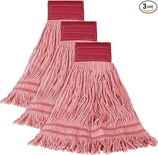 ONESIMUS 30 oz Pack of 3 Cleaning Heavy Duty Industrial Commercial Grade Looped-End Mop Head Replacement,6'' Headband Cotton String Wet Mop Head Refills,Machine Washable Red Mop
