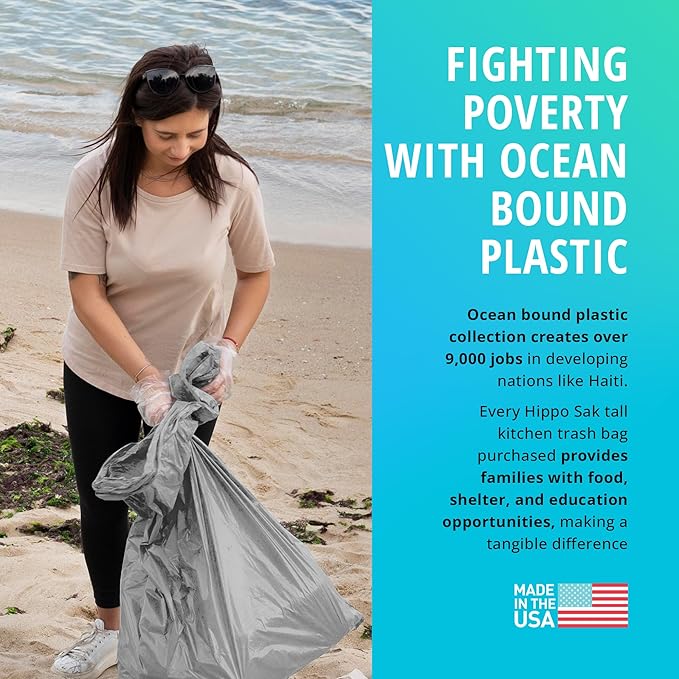 Hippo Sak - Tall Kitchen Garbage Bags with Ergonomic Handles - 13 Gallon Trash Bags Made from Recycled Ocean Bound Plastic - Super Strong and Leak Proof Tall Kitchen Trash Bags (90 Count)