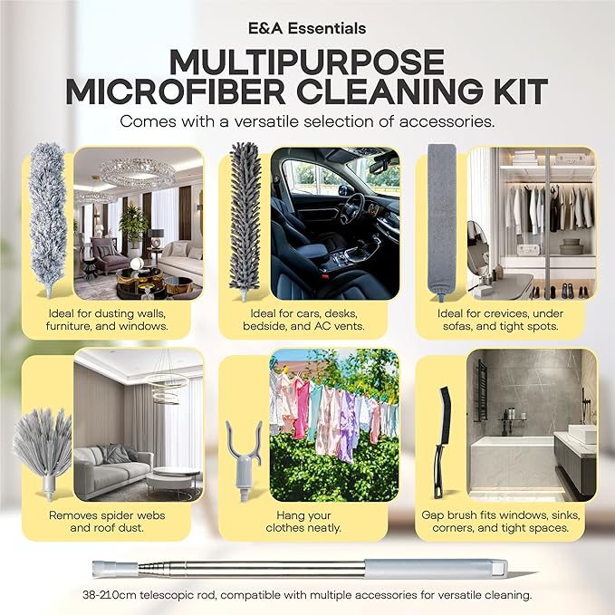 Microfiber Extendable Duster with Extension Pole Upto 100 Inch, 8 PCS Washable, Bendable, Reusable Long Handle Feather Dusters kit for Cleaning Ceiling Fan, High Ceilings, Blinds, Furniture & Cars