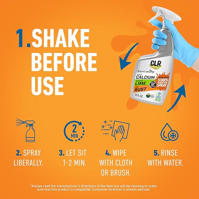 CLR Brands Calcium, Lime & Rust Remover with Cling, 22 oz. Spray Bottle, Adheres to Hard-to-Reach Surfaces, Blasts Calcium, Dissolves Lime Deposits, Zaps Stubborn Rust Stains and Hard Water Deposits