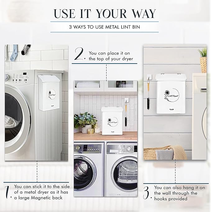 Knowstyle Metal Magnetic Lint Bin for Laundry Room Decor - Laundry Room Trash Can with Dryer Lint Brush for Dryer Vent – Metal Laundry Lint Bin with Clothes Lint Roller